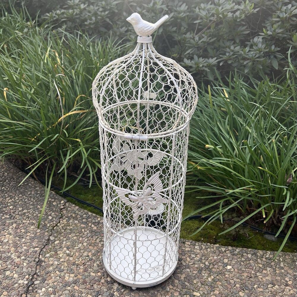 Shabby Chic Style White Chicken Wire Birdcage Candle Holder Bird Butterflies 20"